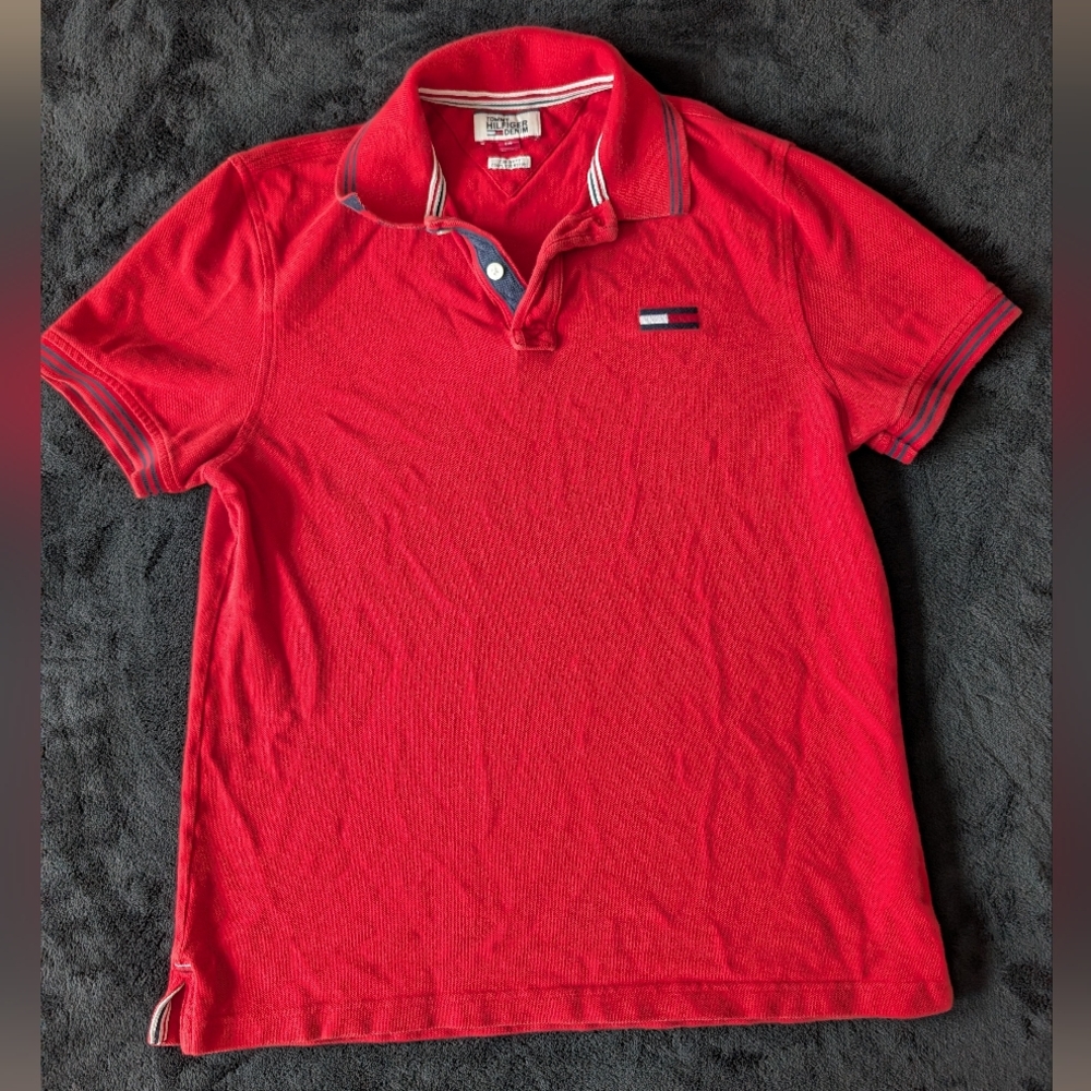 Vintage Style Tommy Hilfiger Denim Polo Embroidered Logo Red 90s Fashion Sz S image 4